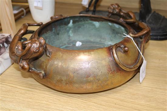 A large Chinese bronze dragon censer, Xuande mark length 38cm
